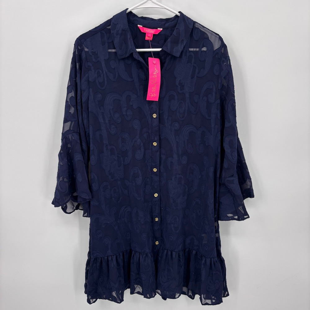 Lilly Pulitzer Linley Coverup Womens L Navy NEW Swirl Clip Jacquard Ruffle Dress
